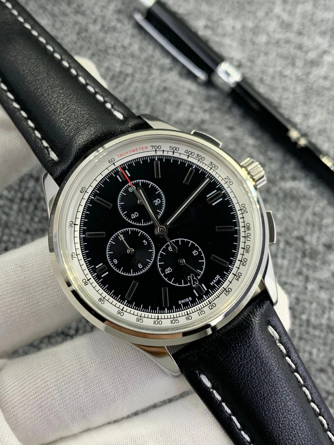 

N Quality Right Hand Watches Men Premier 42MM Black Dial Japan Movement VK Watch Quartz Chronograph Leather Strap Floding Clasp Mens Dress On Fast Track Wrist, No send watch for shipping