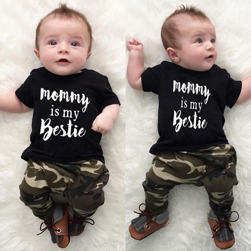 

Clothing Sets Baby Boy Clothes Born Set 2pcs Cotton Letter Print Short Sleeve T-shirt Tops+Camouflage Long Pants Summer 6-24M, White