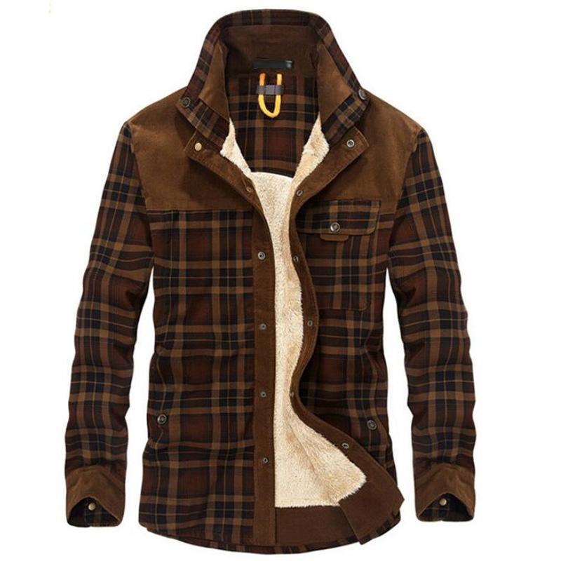 

Men's Casual Shirts Fleece Warm Plaid Shirt Winter Pure Cotton Thick Outerwear Turn-Down Collar Long Sleeve Men Military Wool Clothing, Coffee