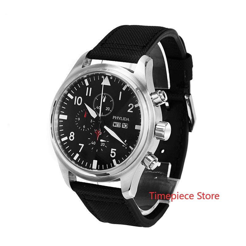 

Wristwatches 5ATM WR MIYOTA Black 45mm Watch Chrono Day/Date Domed Sapphire Crystal Leather Strap Green Lumed Copper Dial Solid SS Cas, Slivery;brown