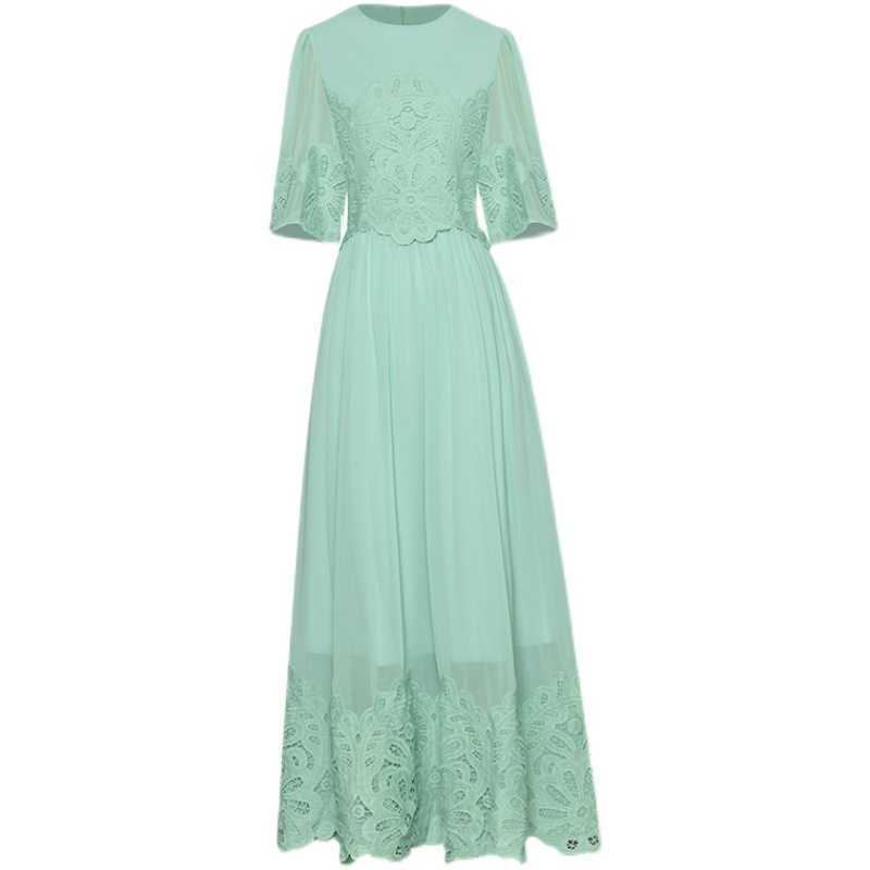 

HIGH QUALITY Round Neck Half Sleeve Lace Embellished Long Dress 210526, Green