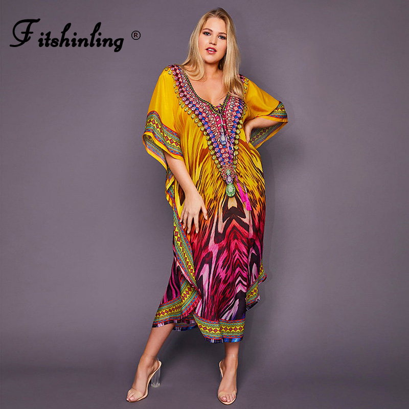 

Fitshinling Ethnic Print Vintage Maxi Dress Women Bohemian Batwing Sleeve Oversized Kaftan Holiday Summer Pareo Tassel Robe 2021