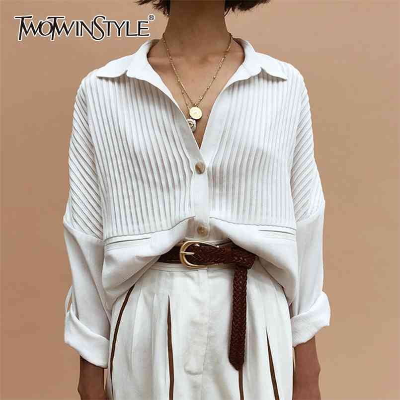 

White Casual Blouse For Women Lapel Long Sleeve Patchwork Solid Shirt Female Fashionable Clothing Spring Style 210524