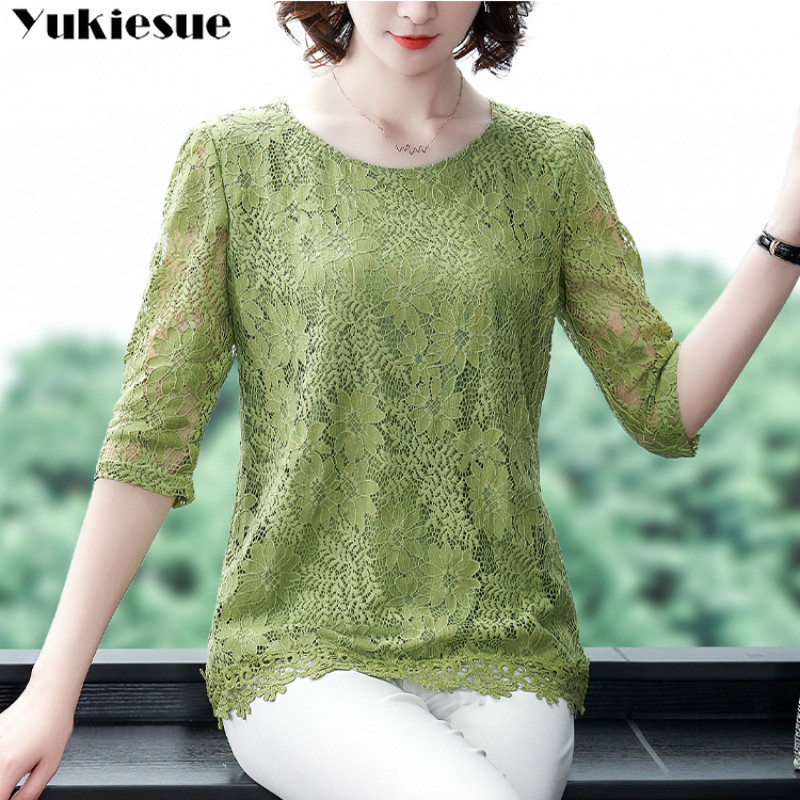 

summer women's shirt blouse for women blusas womens tops and blouses lace hollow out sexy shirts ladie's top plus size 210519, Green