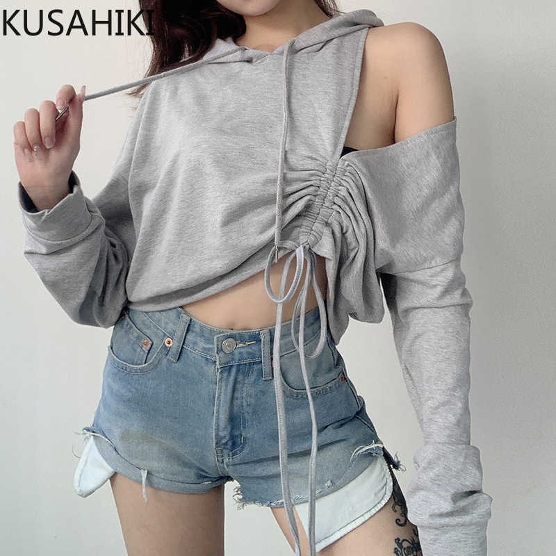 

KUSAHIKI Korean Drawstring Hollow-out Hooded Sweatshirt Causal Long Sleeve Women Hoodies Spring Crop Top Jumper 6F276 210602, Gray