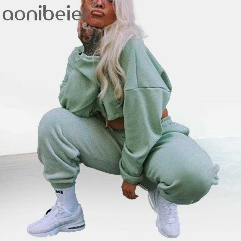 

Women Sweatshirt Two Piece Set Autumn Winter Long Sleeve Ladies Crop Tops and Elastic High Waist Casual Pants Outfits 210604, Green