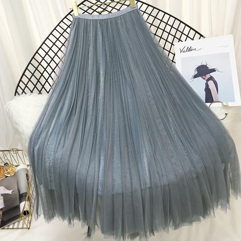 

Skirts Fashion Women Tulle 2022 Spring Summer Korean Shiny Long Maxi Pleated Skirt Female Black White Pink PZ1378
