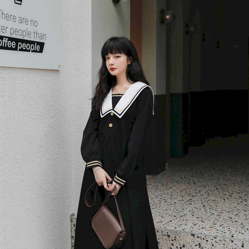 

Sailor collar black dress female spring autumn Korean loose waist slimming Japan college style long skirt Elegant classic 210526