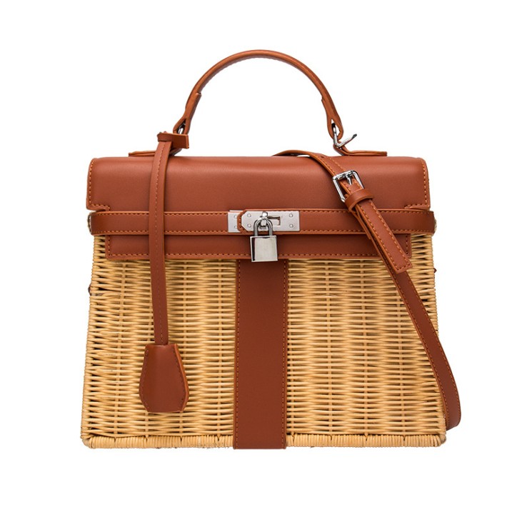 

designer Rattan Bag Asian Bali knitted hand woven handbag large capacity fashion bags Straw summer shopping bag with lock key, Black