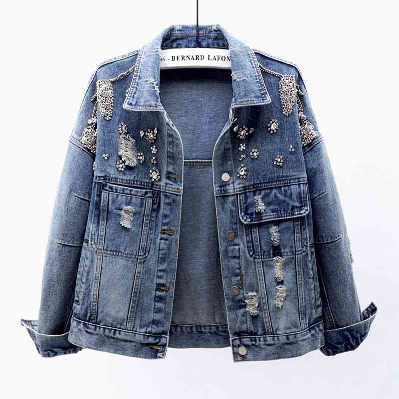 

Women's Jackets 2021 Spring Autumn Vintage Short Denim Jacket Women Fashion Diamond Beaded Korean Hole Jeans Coat Ladies Outerwear, Bue