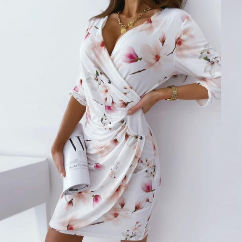 

Lucyever Sexy V-neck Print Mini Dress Women Summer Elegant Folds A-line Beach Dress Woman White Club Bodycon Party Dresses 210521, Pink