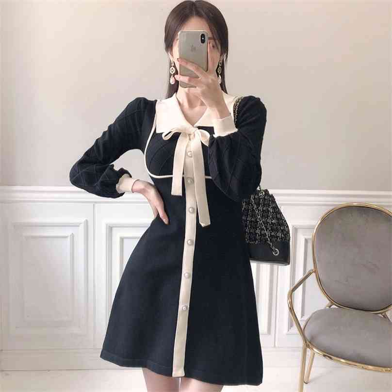 

Sexy knitting korean ladies fall long SLeeve bow neck elegant club Mini Dress for women clothing 210602, Black