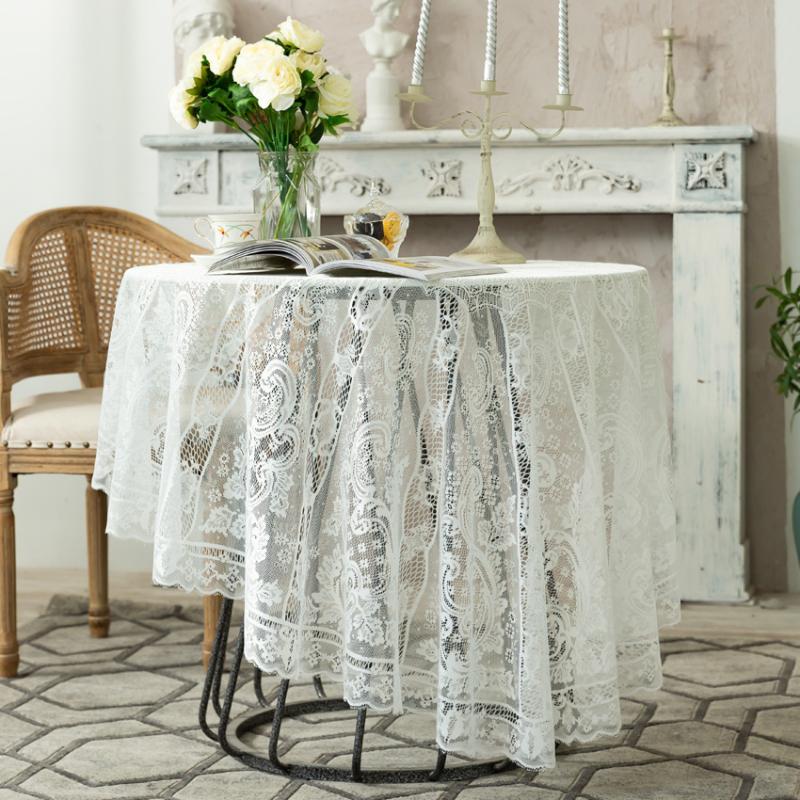 

Table Cloth Round Lace Tablecloth White Flowers Hollow Out Dustproof Cover For Romantic Wedding Party Coffee Dining Decoration, As pic