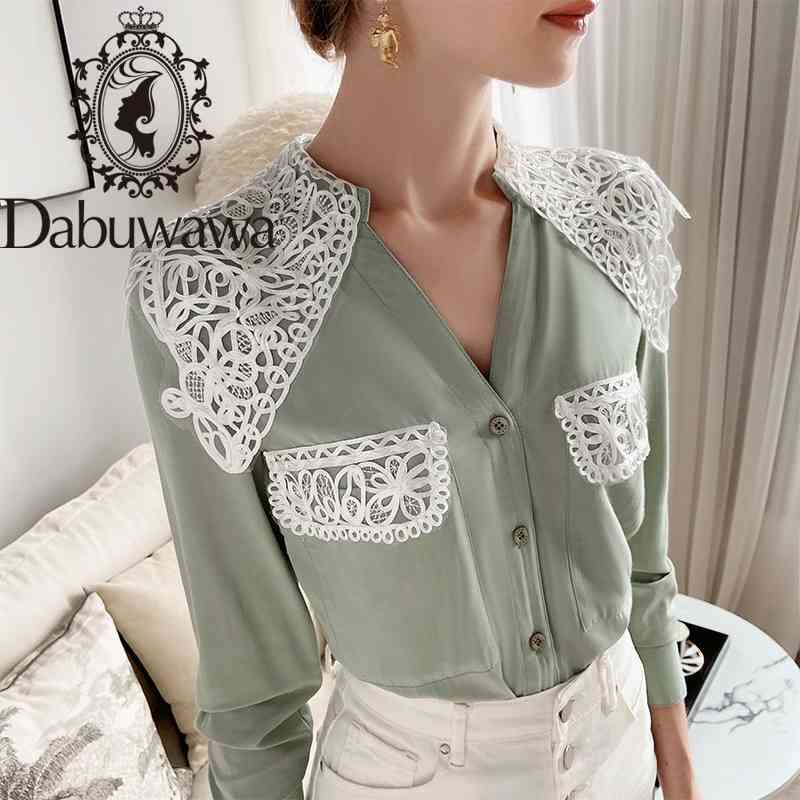 

Dabuwawa Autumn Appliques Pocket Blouse Women Long Sleeve V-Neck Button Front Workwear Shirts Tops Office Lady DT1DST002 210520, Green