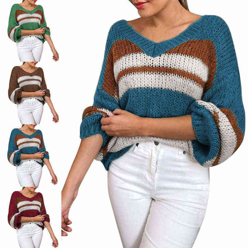 

New Women Fashion Color Block Sweaters Jumpers Knitwear Casual Loose Stripe Knitted Jumper Top Warm Pullover Sweater Top for Lad Y1110, Red