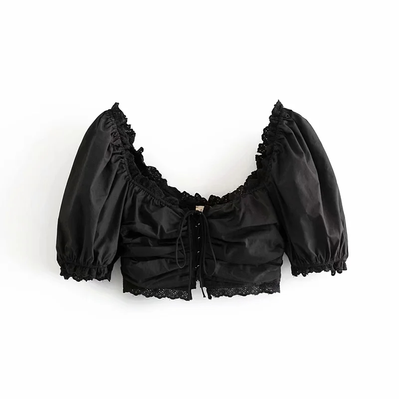 

Women Sweet Sexy Ruffles Hollow Out Floral Cropped Blouses Fashion Girls Bow Tie Back Elastic Square Collar Shirts Tops 210520, Black