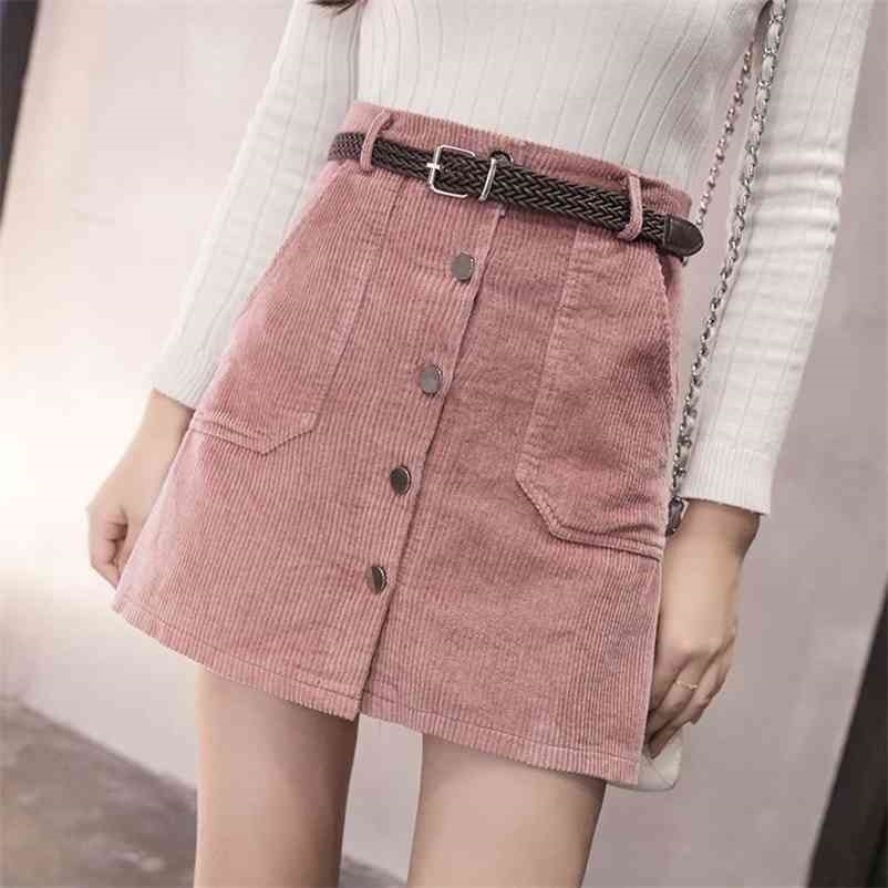 

Spring Autumn Office Lady Women' Short Skirt Denim Style Button A-line Corduroy High Waist Pocket Mini With Belt Bottoms 210517, Khaki