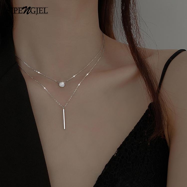

Chains SIPENGJEL Fashion Cubic Zircon Double Layer Necklace Geometric Long Chain For Women Jewelry Gifts 2021, Silver