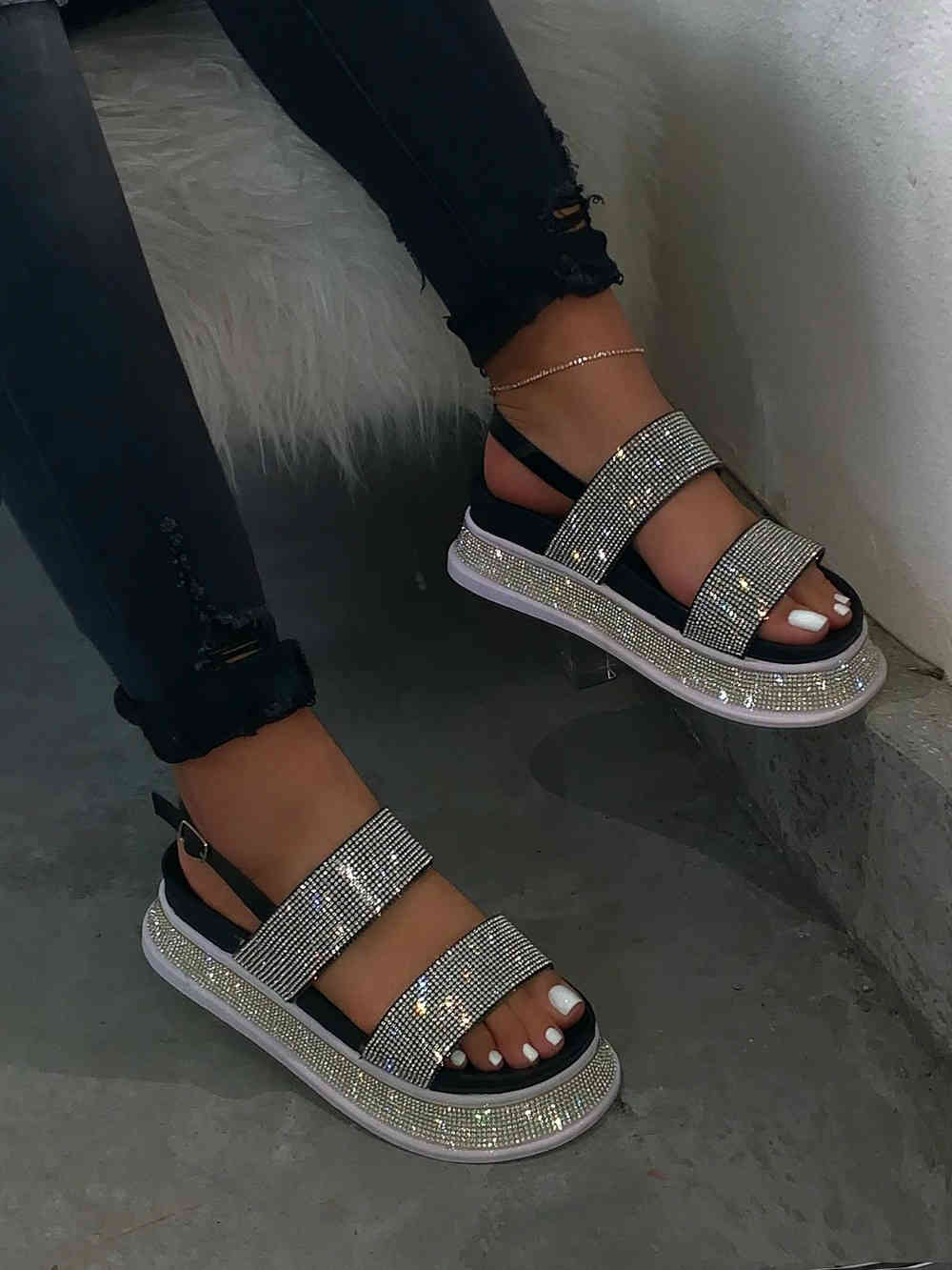 

2020 Summer Beach Bling Crystal Rome Ladies Sandals Rhinestone Platform Mixed Color Cutouts Wedges Women Sandals Shoes Woman T200327, Black