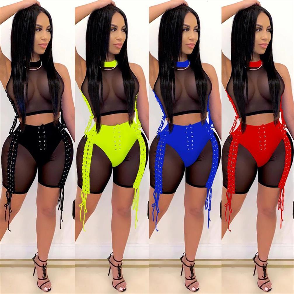 

Sexy Two Piece Set See Womenpant Through Bandage Sleeve Crop Top Short Pants Party Night Clubwear Outfit Suit For, White