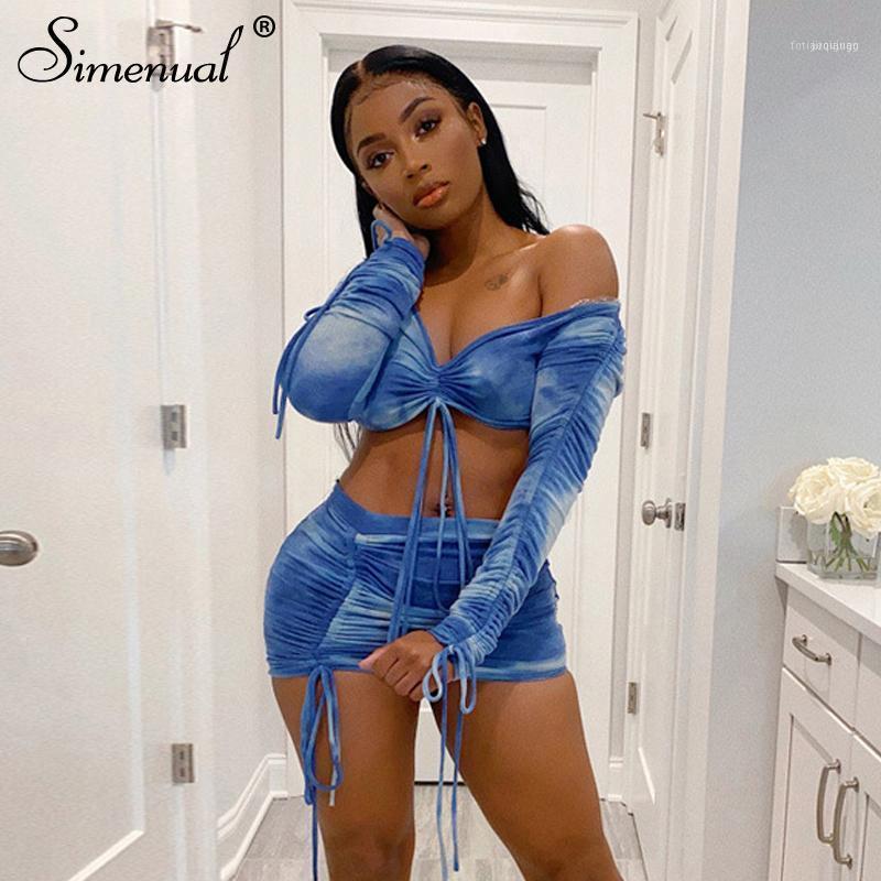 

Simenual Tie Dye Print Drawstring Sexy Co-ord Sets Women Long Sleeve Ruched 2 Piece Outfits Club Bodycon Top And Skirt Set1, Blue