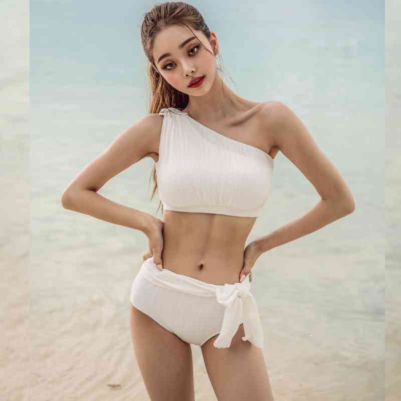 Korea Female South Sexy Steel Ring Bow High Waist Swimsuit Sweet Girl One Shoulder Split Bikini-image-678674858