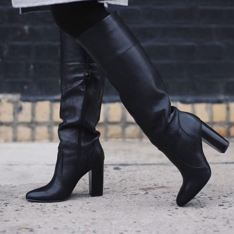 

Boots Black Matte Leather Chunky Heel Knee High Round Toe Loose Thick Heels Long Gladiator Dress Shoes Drop Ship