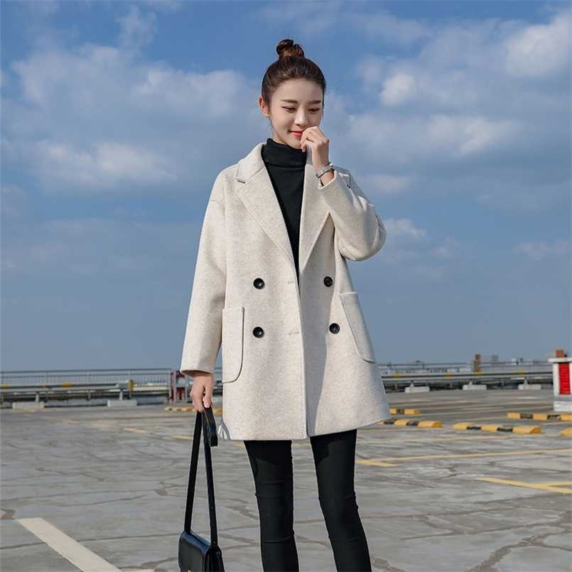 Women Jackets Winter Causal Loose Elegant Black Outwear Long Sleeve Double Breasted Fashion Female Wool Blend Warm Coat 211104