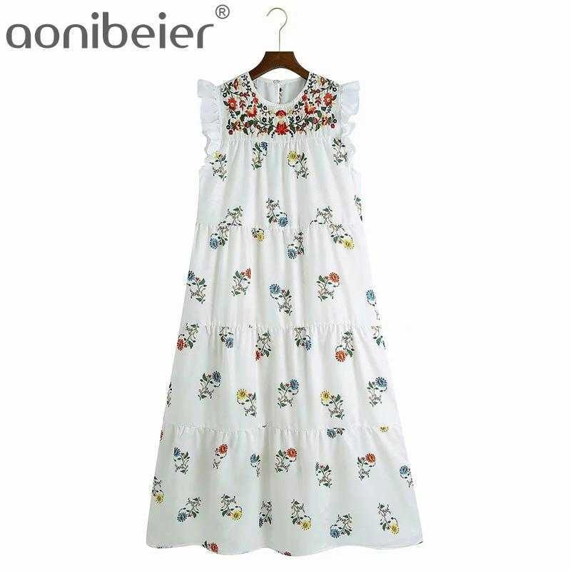 

Za Women Summer Embroidery Print O Neck Sleeveless Long Dress Woman Ruffle Elegant Beach Boho Dresses Vestido 210604, White print