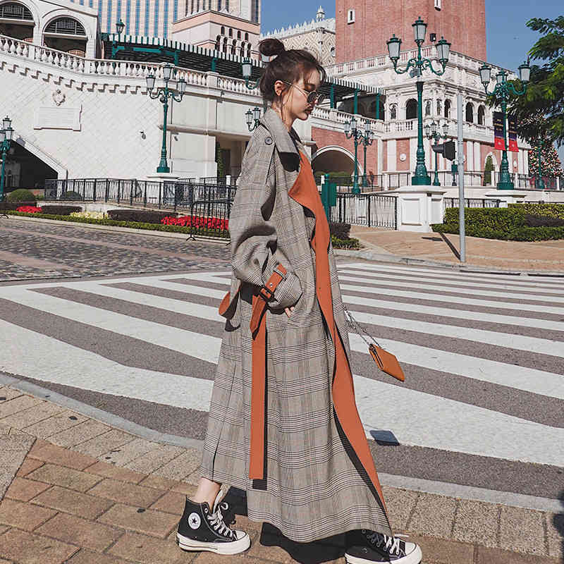 

Casual Dresses Spring Autumn Korean Vintage Long Plaid Trench Coat Women Clothing Plus Size Sleeve Windbreaker Outerwear Female XT, Photo color