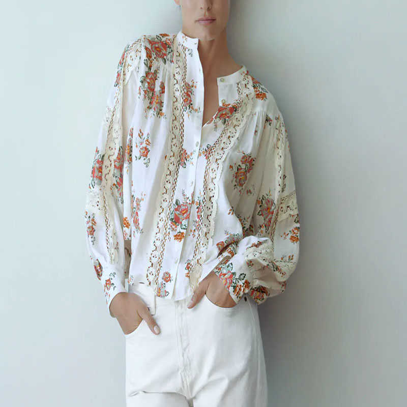 

Flower Print Lace Za Shirt Women O-neck Long Sleeve Front Button Vintage Blouse Female High Street Hollow Out Top 210602, As picture