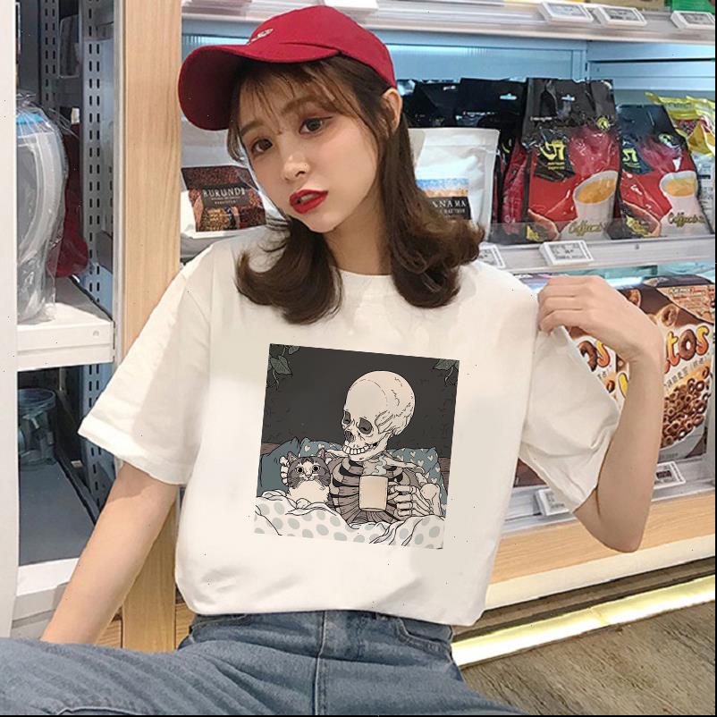

kawaii horro women t shirts skull cute cat sleeping femal tshirt cartoon tees casual shirt harajuku short sleeve, White