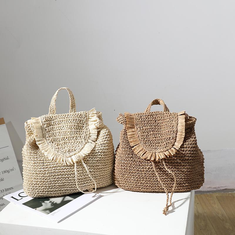 

Straw Woven Backpack Leisure Tassel Bag Female Ins With The Same Seaside Vacation Beach, Beige
