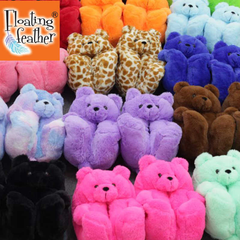 

Teddy Bear women christmas plush slippers Cartoon Cute Bear House Slipper Furry Faux Fur Slides Woman Furry Flip Flop Shoes warm Y0902, Box