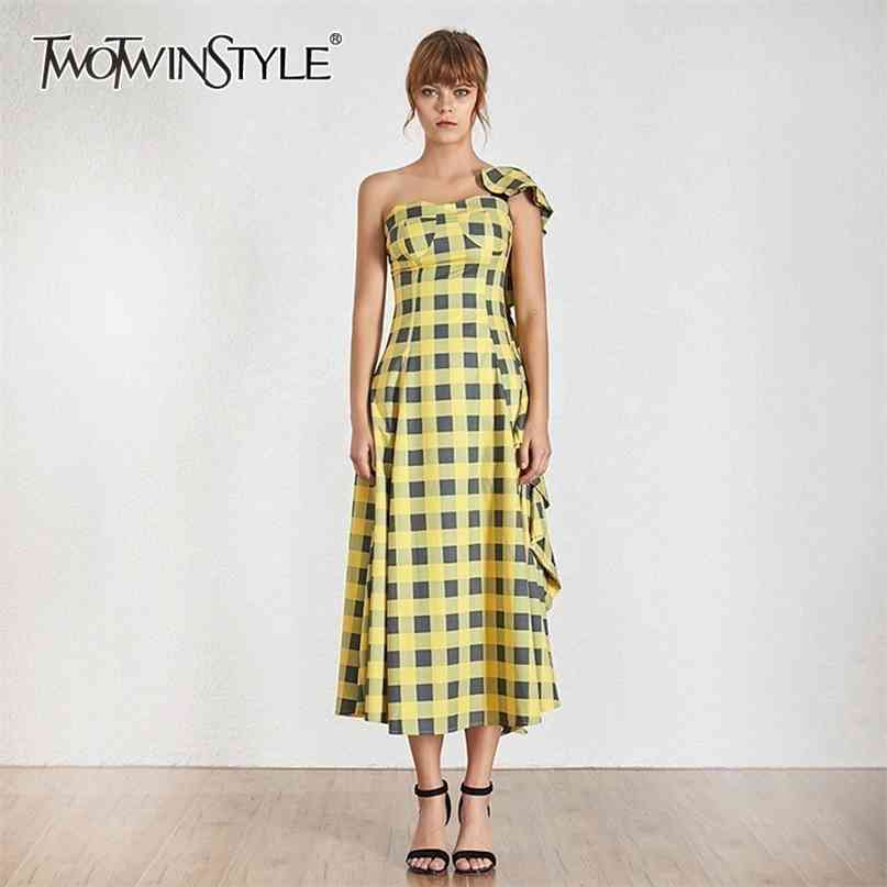 

Sleeveless Asymmetrical Women Dress One Shoulder High Waist Ruffles Plaid Midi Dresses Female Fashion Summer 210520, Yellow