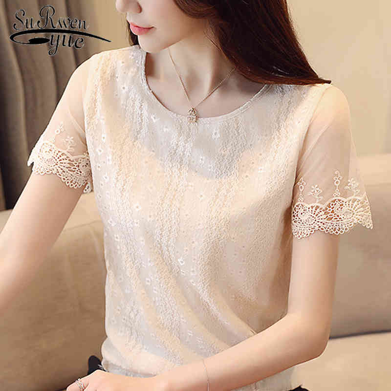 Tize Plus Tops Femmes Chemises Blouse en dentelle Femmes et Blouses Blusas Femininas Elegante OpenWork Mesh Mariffon Shirt 3121 50 210427