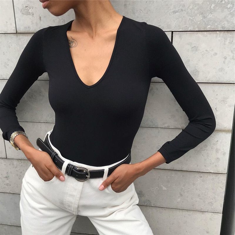 

Women Bottoming Jumpsuit Casual Sexy V Neck Cotton Black Basic Bodysuit Long Sleeve Skinny Body Suit Autumn Rompers 210517