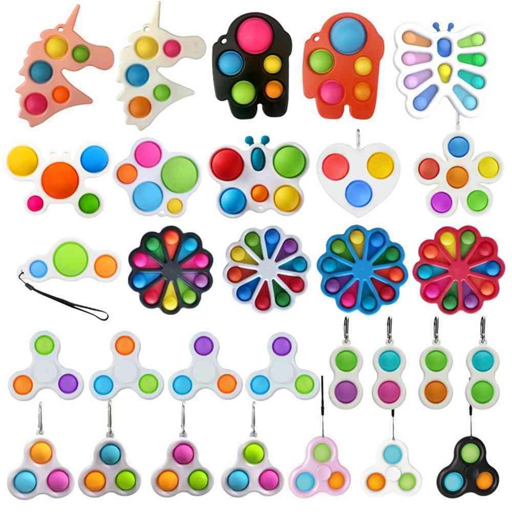 

Unicorn Butterfly Flower Shape Push Pop It Fidget Bubble Toys Sensory Simple Dimple Key Ring Finger Toy Keychain Squeeze Bubbles Ball