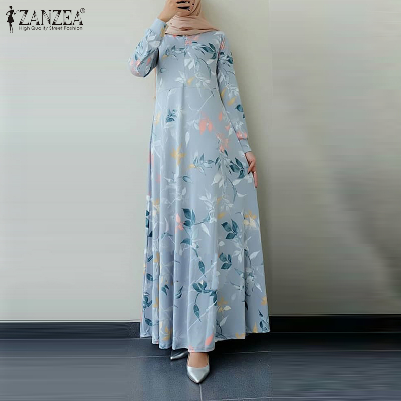 

ZANZEA Autumn Floral Printed Maix Long Dress Women Long Sleeve Dubai Abaya Turkey Hijab Dress Jilbab Islamic Clothing Caftan, Black