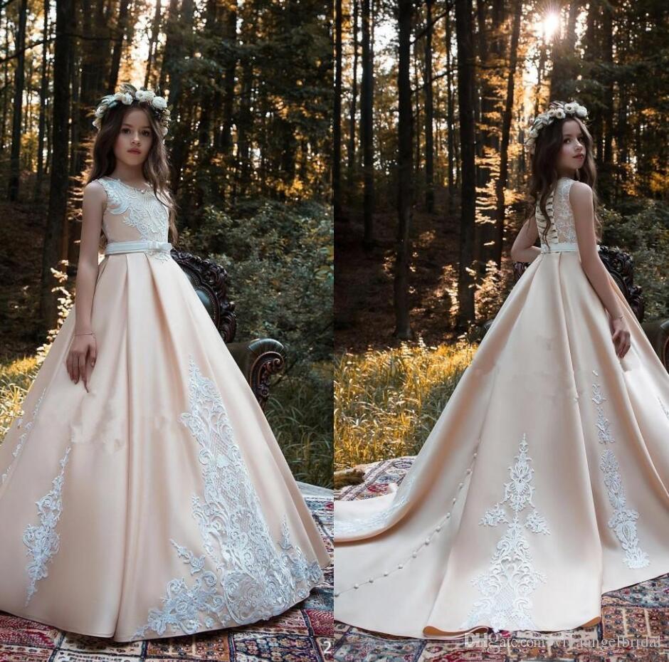 

2021 Lace Applique Satin First Communion Dresses Kids Evening Ball Gown Bow Back Girls Pageant Jewel Flower Girl, Red