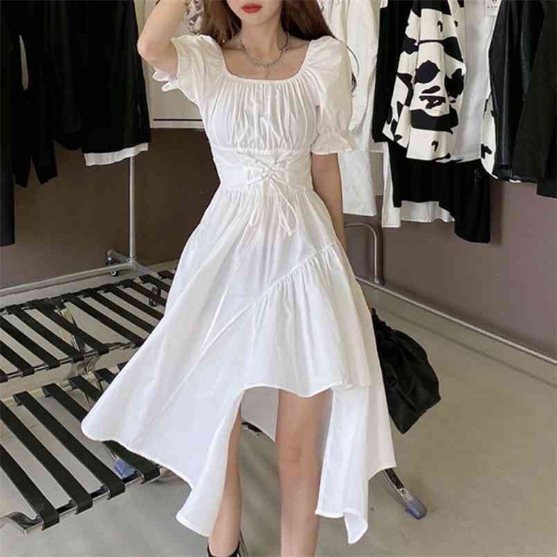 

Summer Women Sweet Lace-Up Irregular Dress Elegant Vestido Feminino Vintage High Waist Slim Ladies Casual Chic Dresses 210519, White