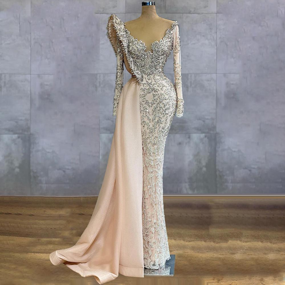 

V Neck Mermaid Evening Dress Lace Beading Long Sleeve Prom Gowns Over Skirt Fashion Design Vestidos De Novia, Purple