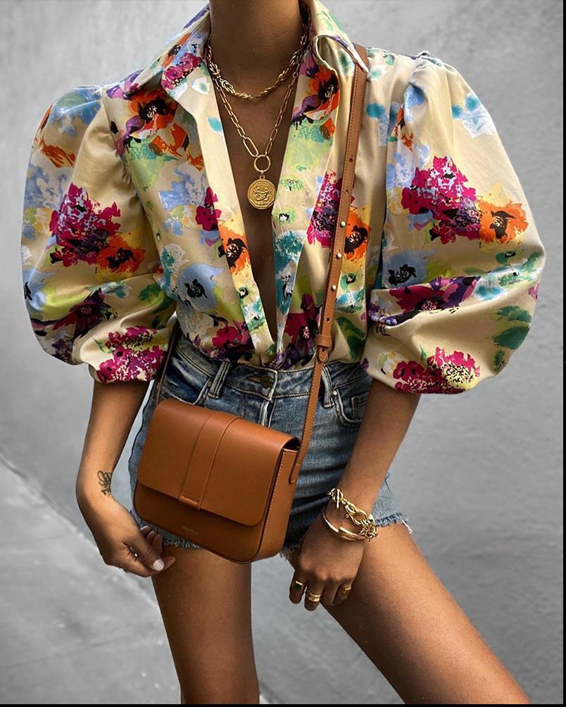 

elegant print puffed sleeve women shirt autumn turn down collars half tie dye blouses outwears, White