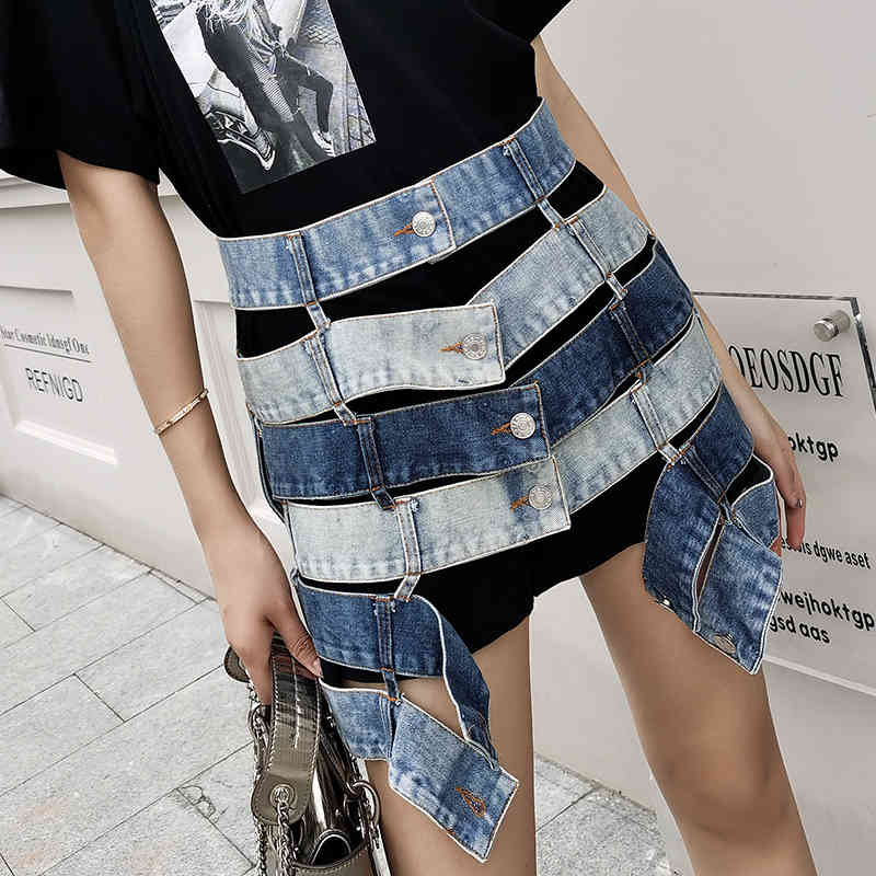 

High Waist Sexy Hollow Out Hit Color Patchwork Denim Skirt European American Style Woman Skirts Fashion Chic Button Design Jupe 210524, Blue