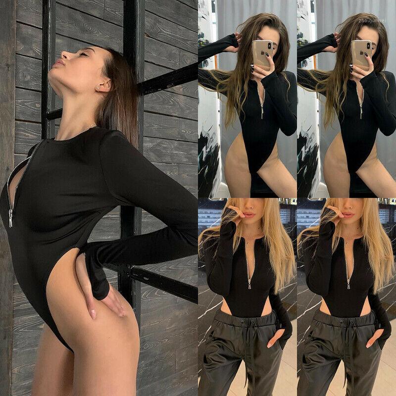 

Sexy High Waist Bodycon Skinny Black Bodysuits Women Long Sleeve Deep V Neck Zipper Club Fashion Jumpsuits Leotard Streetwear Women' & Romp, As pic