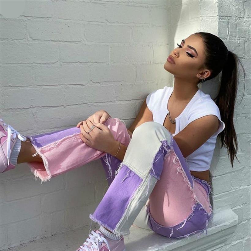 

k pop tassel jeans straight women short leg pants y2k style patchwork color high waist streetwear casual female xs xxl, White;black