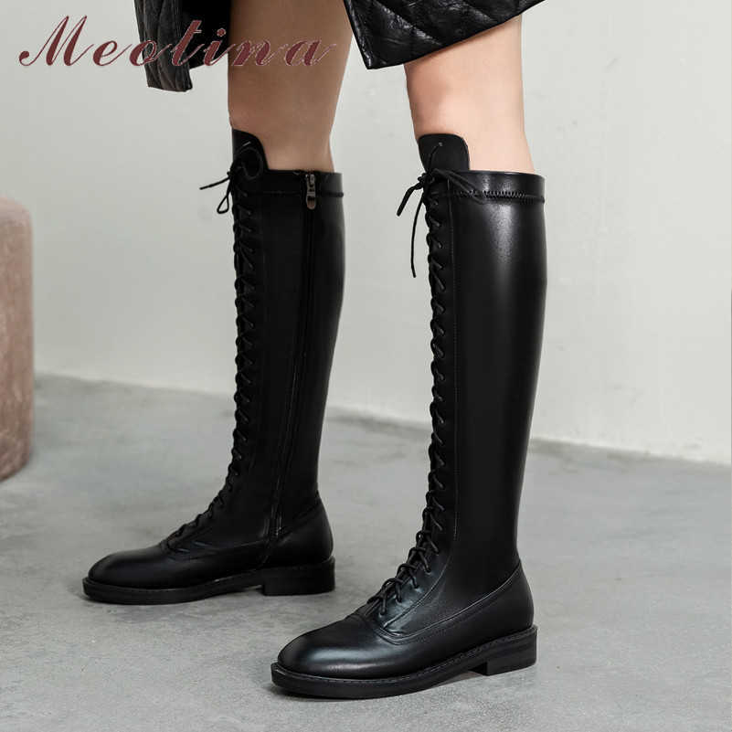 

Meotina Long Boots Women Shoes Real Leather Low Heel Knee High Boots Zip Lace Up Fashion Ladies Boots Autumn Winter Black 33-40 210608, Black synthetic lin