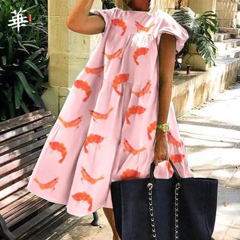 

Casual Dresses Kawaii Dress Women Summer Floral Long For Butterfly Sleeve Boho A-line Woman Vestido Mujer, Pink