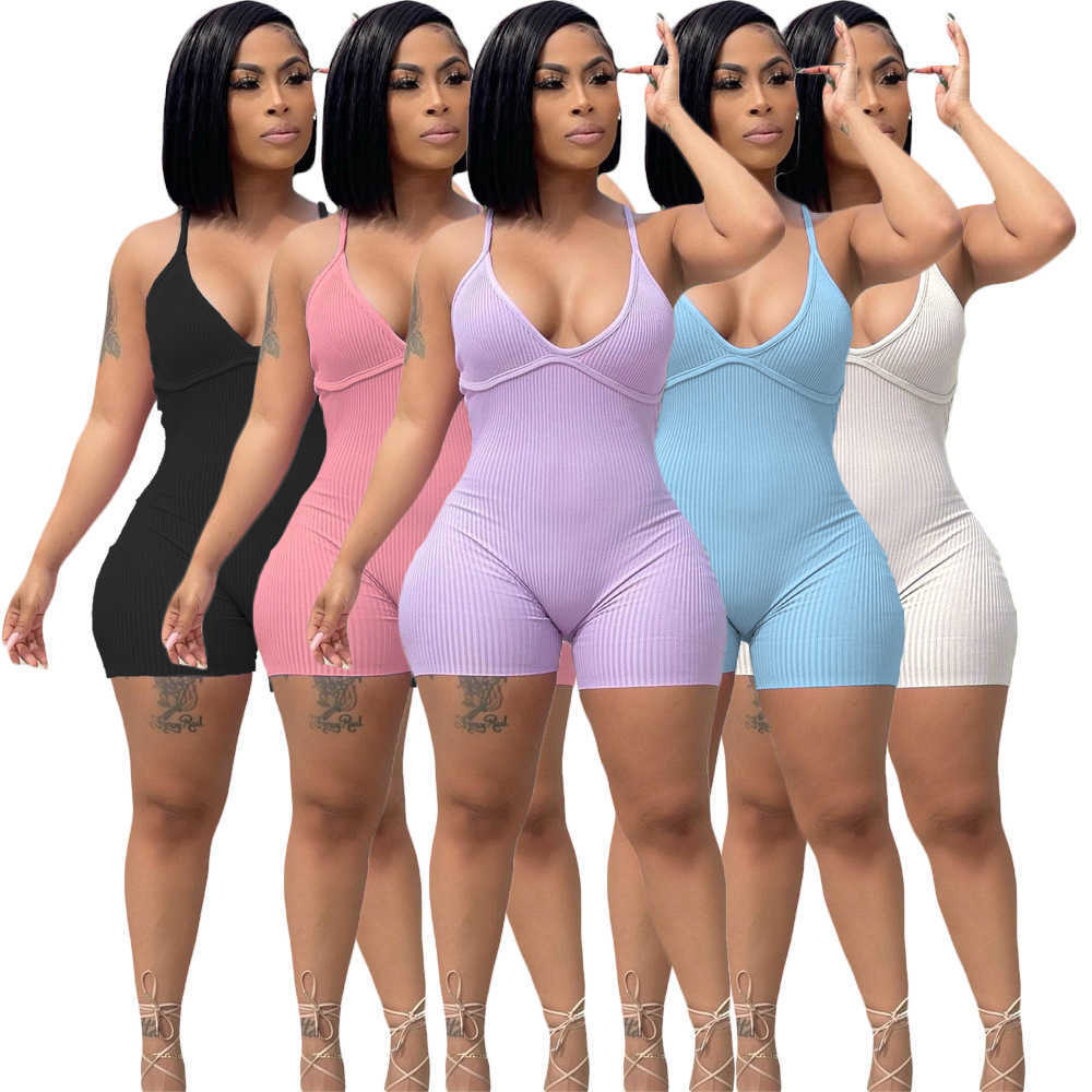 

Designer Summer Women Sexy Sling Jumpsuits Solid Color Sleeveless Deep V-neck Shorts Sports Rompers Club Tight Fashion Overalls Pants, Purple
