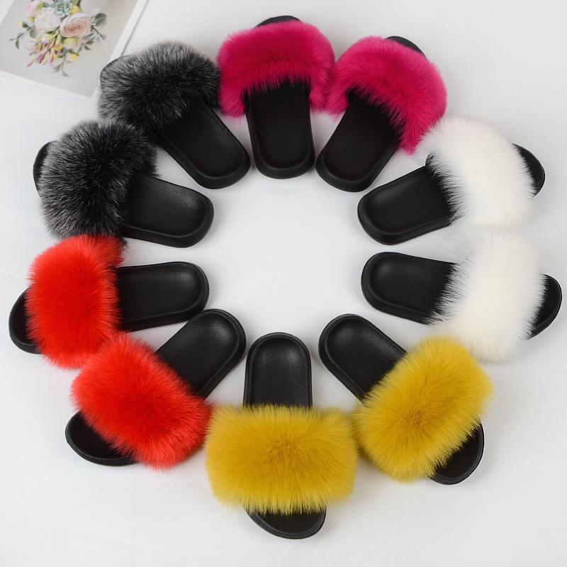 

Bonjean Summer Female Luxury Fake Fox Fur Women Slippers Designer Outdoor Leather Flat Sandal Casual Slides Women C0203, Black